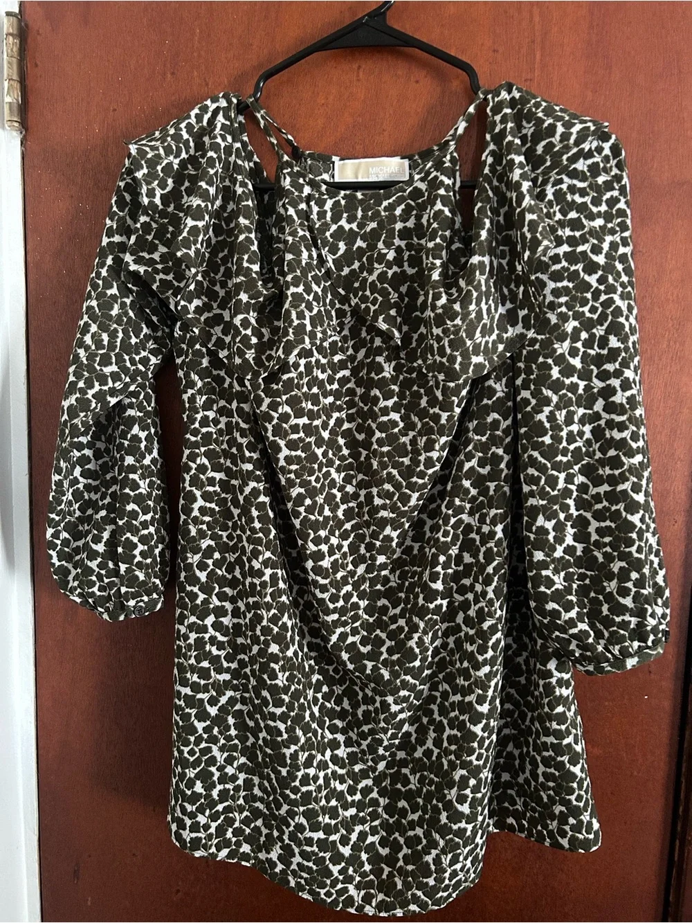 Michael Kors Olive Green and White Printed Ruffle Neck Tunic